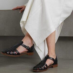 FSJ Black Closed Toe Low Block Heel Woven Roman Ankle Strap Hollow Caged Sandals